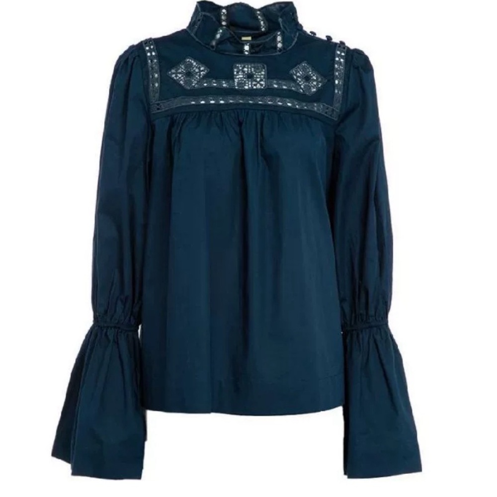 Free People Navy Blue Another Eternity Crochet Mock Neck Bell Sleeve Top S P